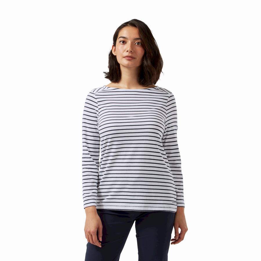 T Shirts Craghoppers Blanca 3/4 Sleeved Top Femme Bleu Bleu Marine Blanche Stripes | HNJ5213QU