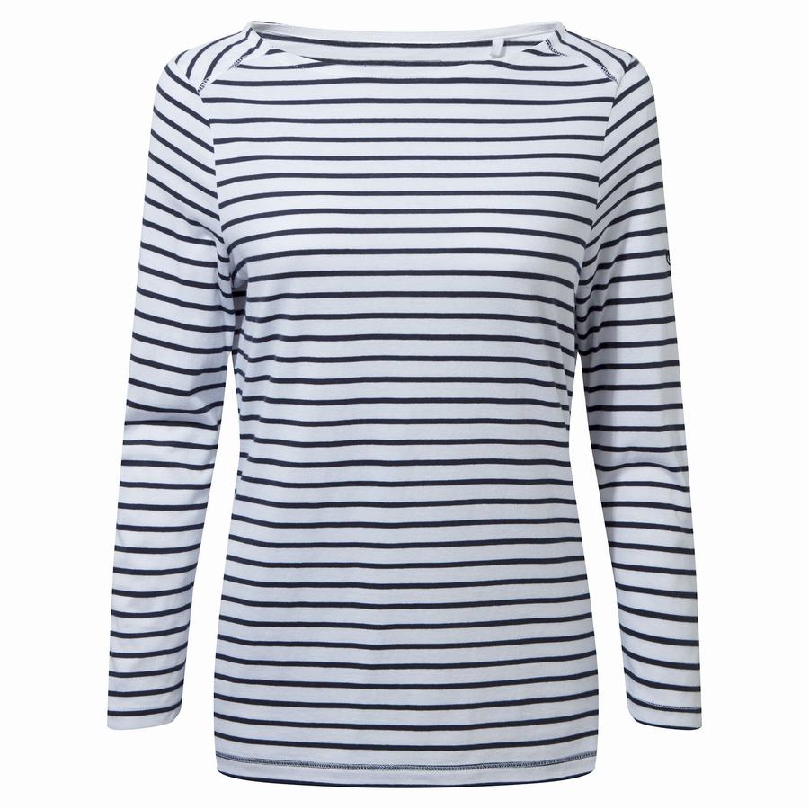 T Shirts Craghoppers Blanca 3/4 Sleeved Top Femme Bleu Bleu Marine Blanche Stripes | HNJ5213QU