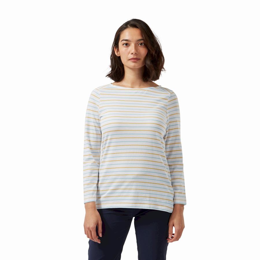 T Shirts Craghoppers Blanca 3/4 Sleeved Top Femme Bleu Jaune Stripes | PXA9480OV