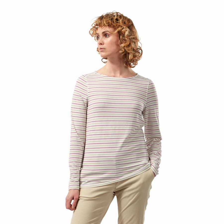 T Shirts Craghoppers NosiLife Erin Long Sleeved Femme Vert Clair Stripes | ABA1460MO