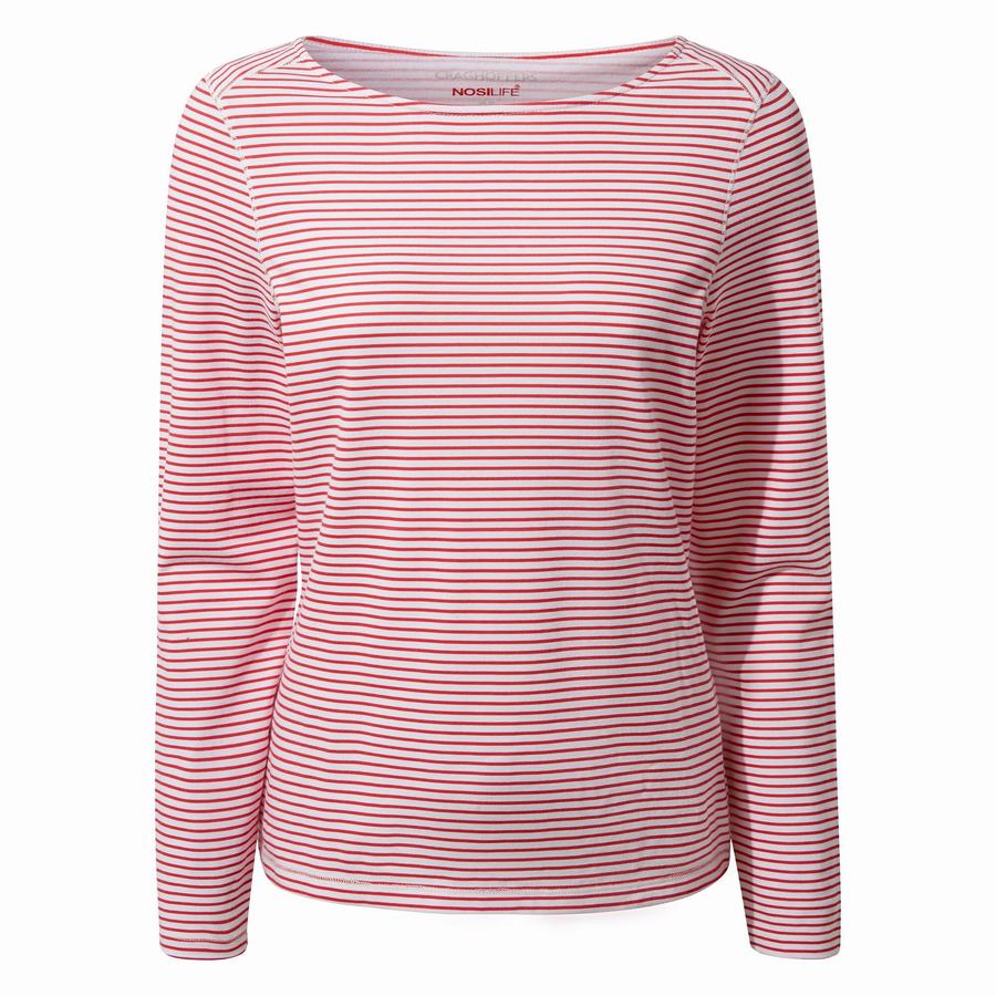 T Shirts Craghoppers NosiLife Erin Long Sleeved Femme Rouge Stripes | BJE2085SJ