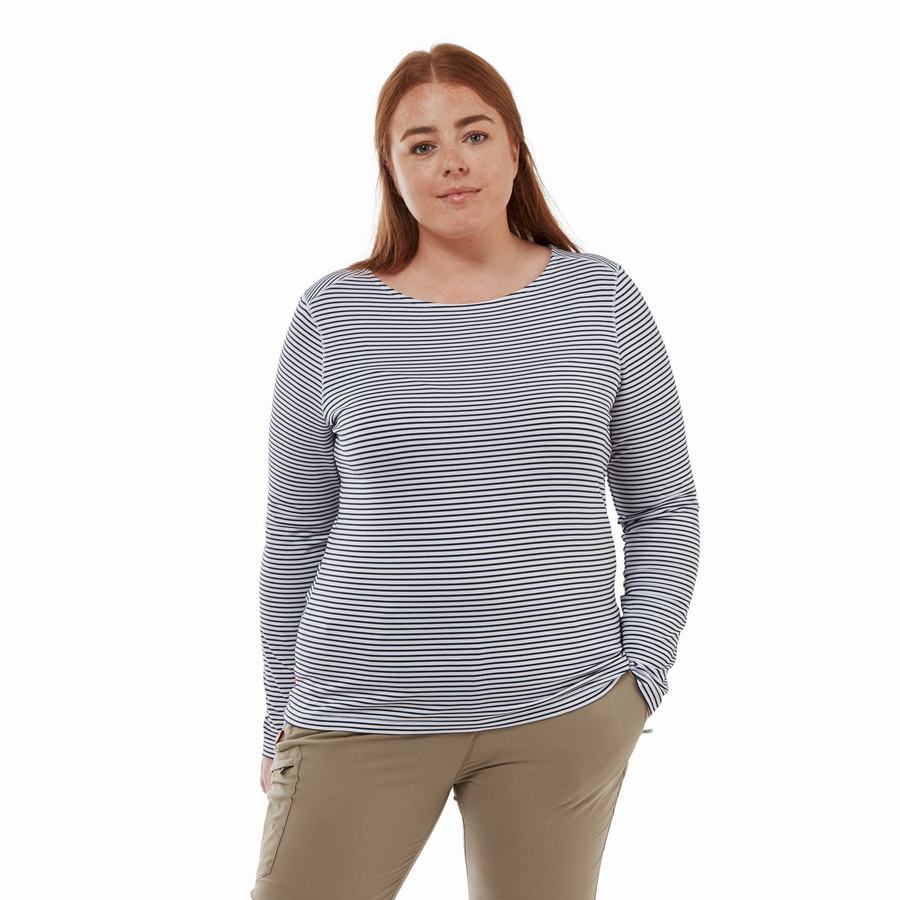 T Shirts Craghoppers NosiLife Erin Long Sleeved Femme Bleu Bleu Marine Stripes | DUT871EG