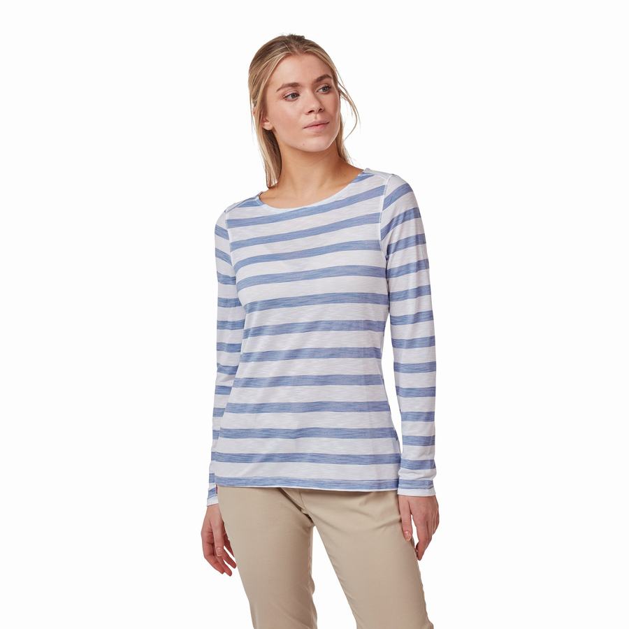 T Shirts Craghoppers NosiLife Erin Long Sleeved Femme Bleu Stripes | ESP3696PY