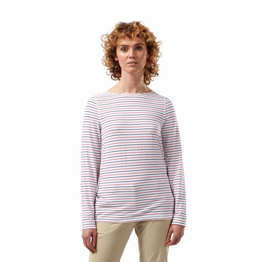 T Shirts Craghoppers NosiLife Erin Long Sleeved Femme Bleu Bleu Marine Rouge Stripes | SSW701TK